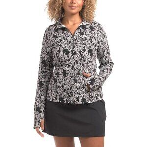 Tommy Bahama Womens Black Floral UPF 50 Quarter Zip Pockets Long Sleeve Top Sz L